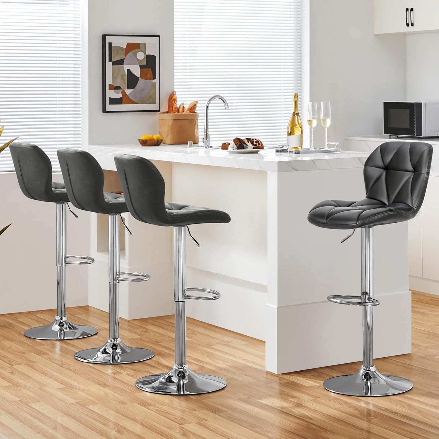 Yaheetech Bar Stools Set of 4, Adjustable PU Leather Swivel Barstools, Modern Counter Stools with Back and Footrest, Counter Height Barstools for Bar, Kitchen, Dining Room, Grey