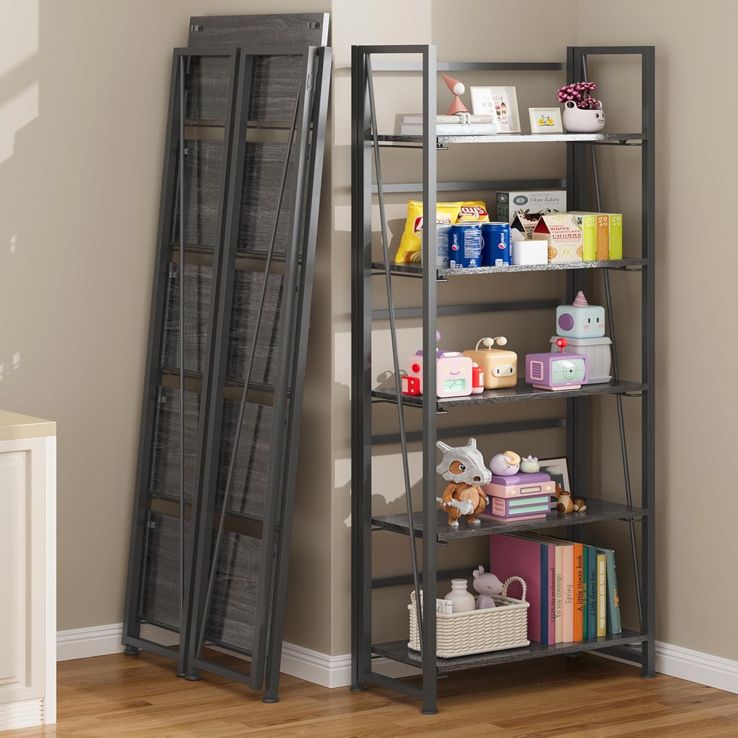 BHG Vintage Multifunctional Folding Bookshelf, No-Assembly Plant Stand Storage Rack Shelves for Home Office (Gray, 5-Tier)