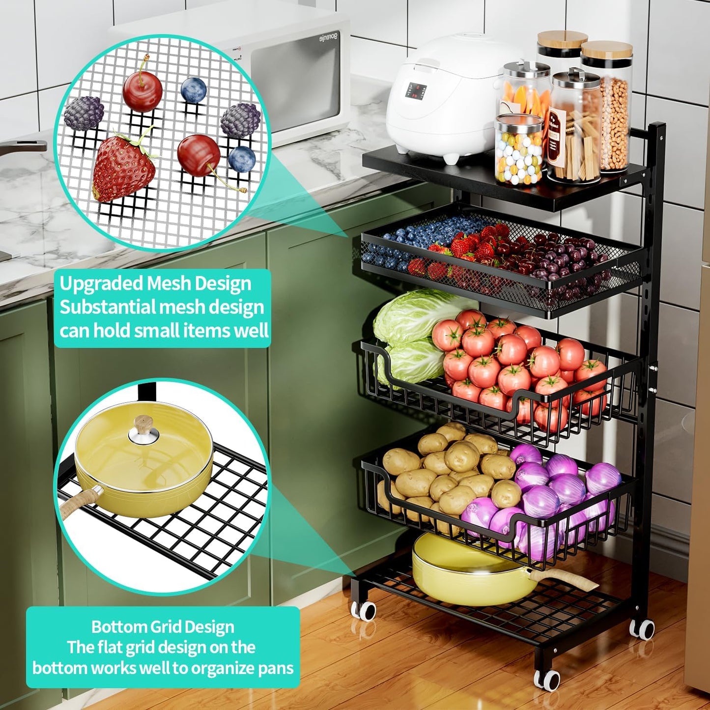 HapiRm Fruit Basket Kitchen Cart - 5 Tier Adjustable Vegetable Storage Rack, Large Capacity Rolling Kitchen Carts on Wheels for Snack Onion and Potato Storage