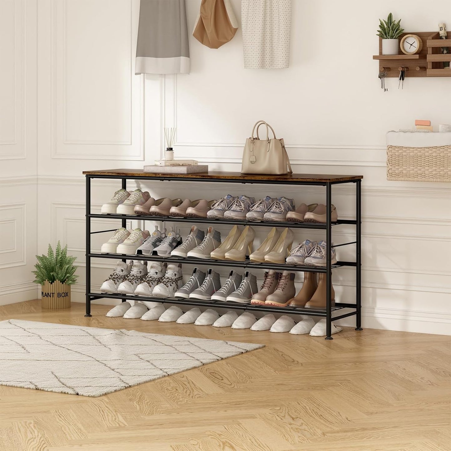 Shoe Rack Organizer 4 Tier for Closet Entryway Free Standing Metal Storage Shoe Shelf with MDF Top Board (Black+Rustic Brown, Large 4 Tier)