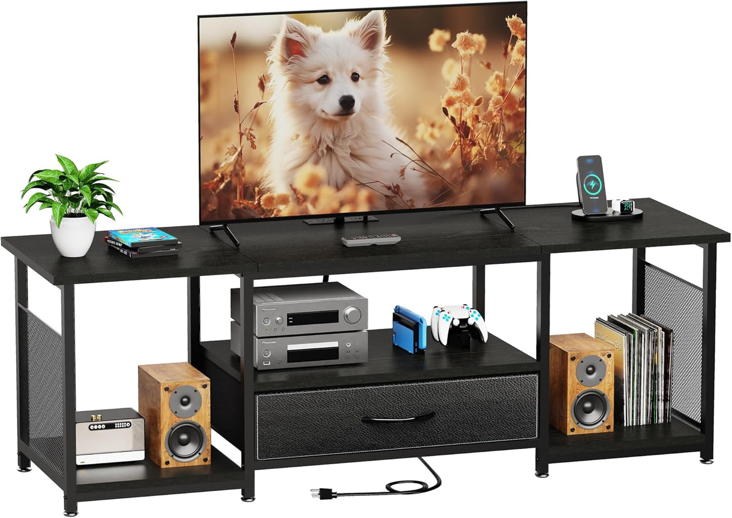 TV Stand with Drawers and Power Outlet for 65 60 55 Inch TV, Entertainment Center with Open Storage Shelves, Industrial Media TV Console Table for Living Room Bedroom Office, Black