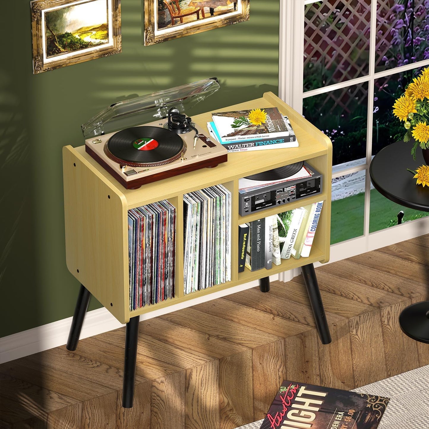 Record Player Table, Mid-Century Record Player Stand with Vinyl Storage Hold Up to 150+ Albums, Vinyl Record Cabinet with Adjustable Shelves, Wood Turntable Stand for Music Living Room (Walnut)