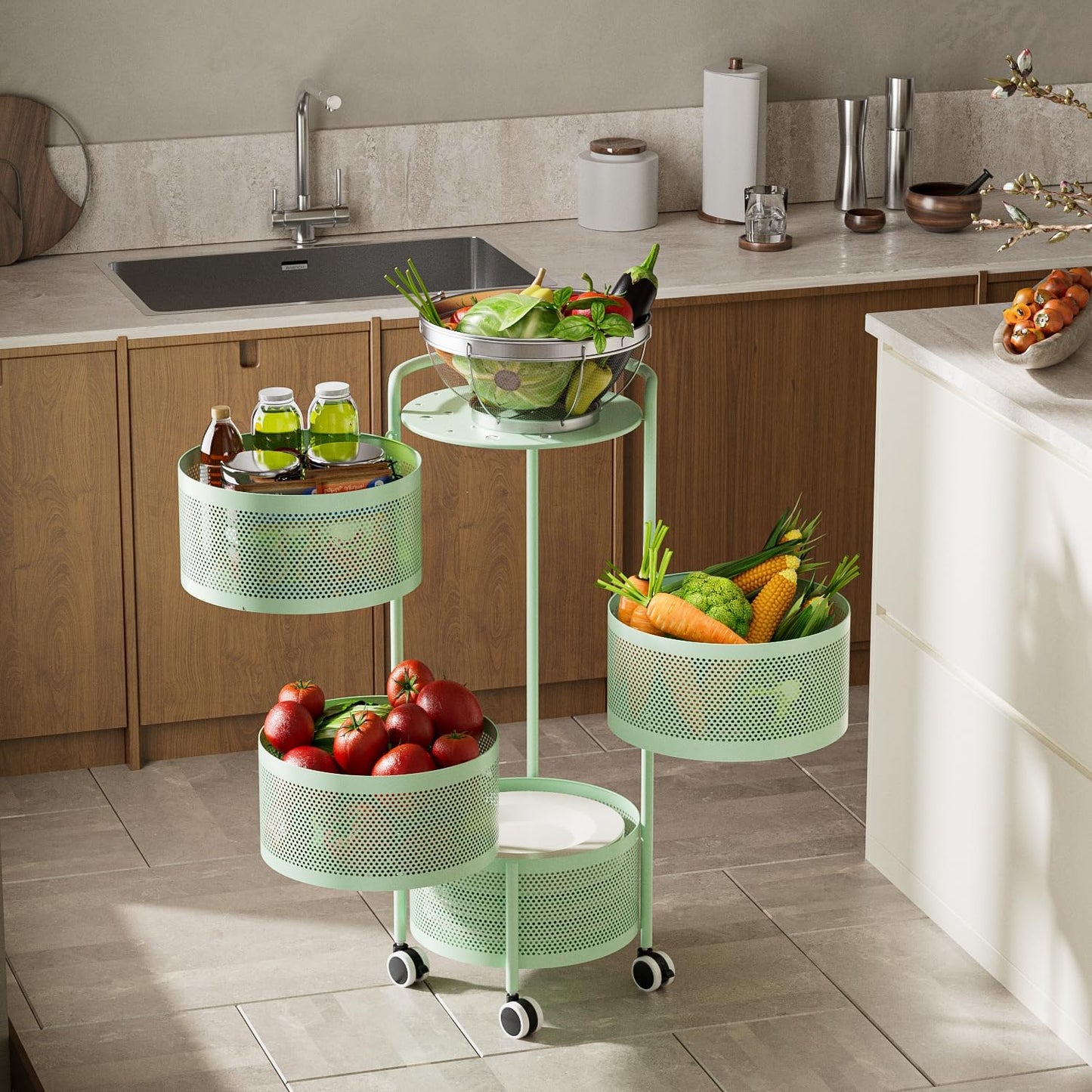 JAQ Kitchen Storage Rack No Assembly, 4-Tier Metal Storage Tower Basket Shelves Organizer on Rolling Wheels with Removal Drawers for Fruit Vegetable Grocery Corns Potato Onion (4-Tier, Green)