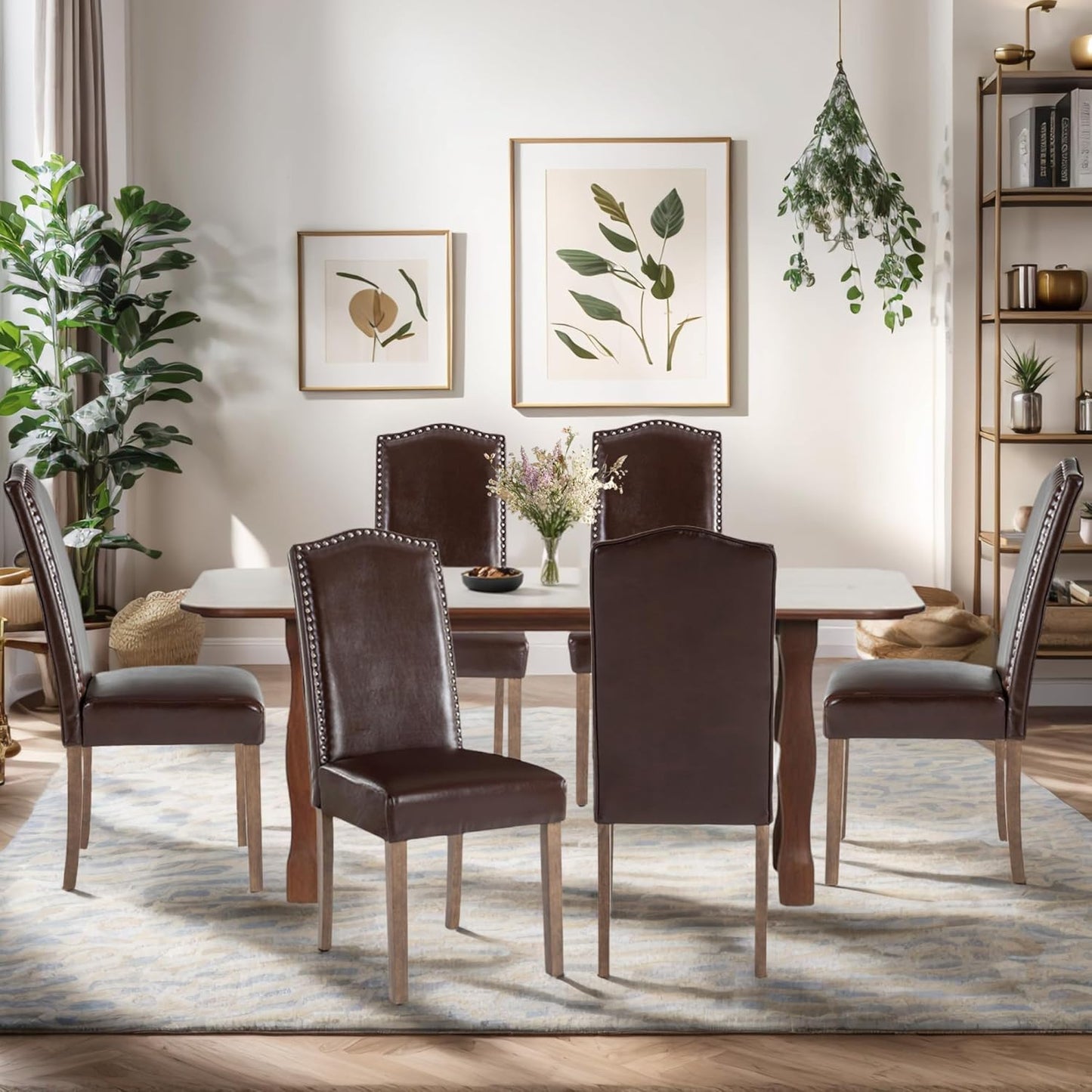 Stylish Upholstered Parsons Dining Chair PU Faux Leather with Silver Nailhead Trim and Sturdy Solid Wood Legs