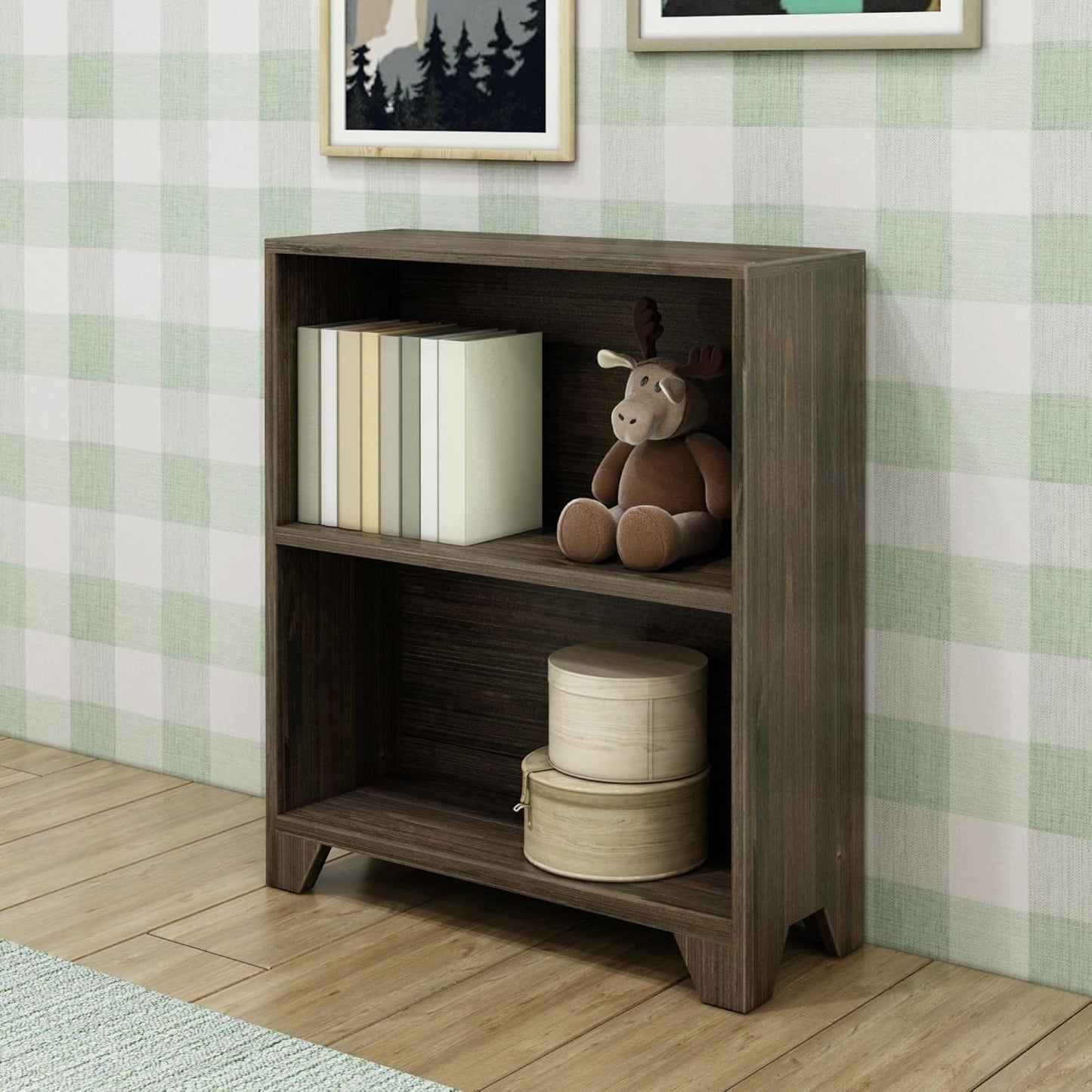 Max & Lily Modern Farmhouse 2-Shelf Bookcase, Solid Wood Bookshelves for Kids Bedroom, Barnwood Brown