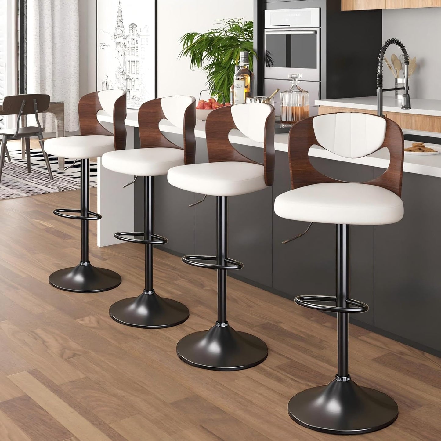 VECELO BarStools Set of 4,Kitchen Island Stools with Bentwood Back,Arm&Footrest,Counter Height Bar Chairs PU Leather Cushion Seat Adjustable Height 360°Swivel,Island Chairs for Club Pub,Creamy White