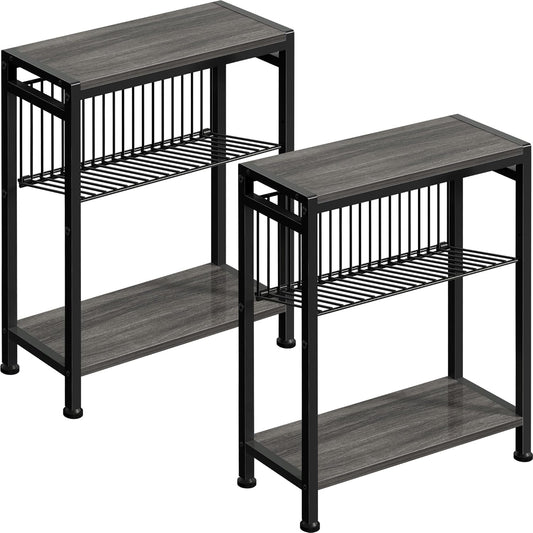 End Table Set of 2 for Small Space, 3-Tier Narrow Side Table with Magazine Holder,Slim Nightstand, Skinny Snack Couch Table in Living Room, Bedroom Study and Balcony (Grey)