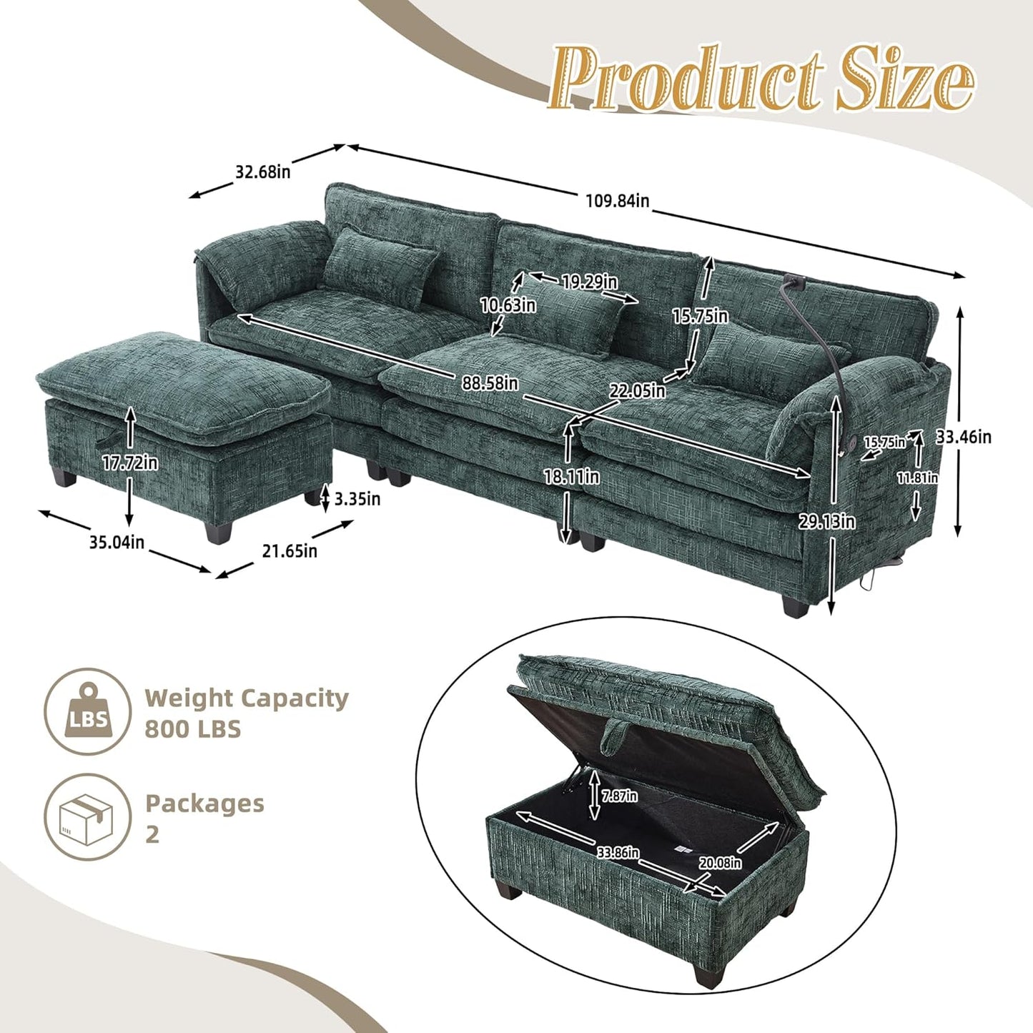 Ball & Cast Modular Sectional Sofa,Comfy Cloud Couch with Movable Storage Ottoman,L Shaped Sectional Sofa W/USB Charging Port,Phone Holder and Side Pocket,Chenille Fabric,for Living Room,Emerald,109"