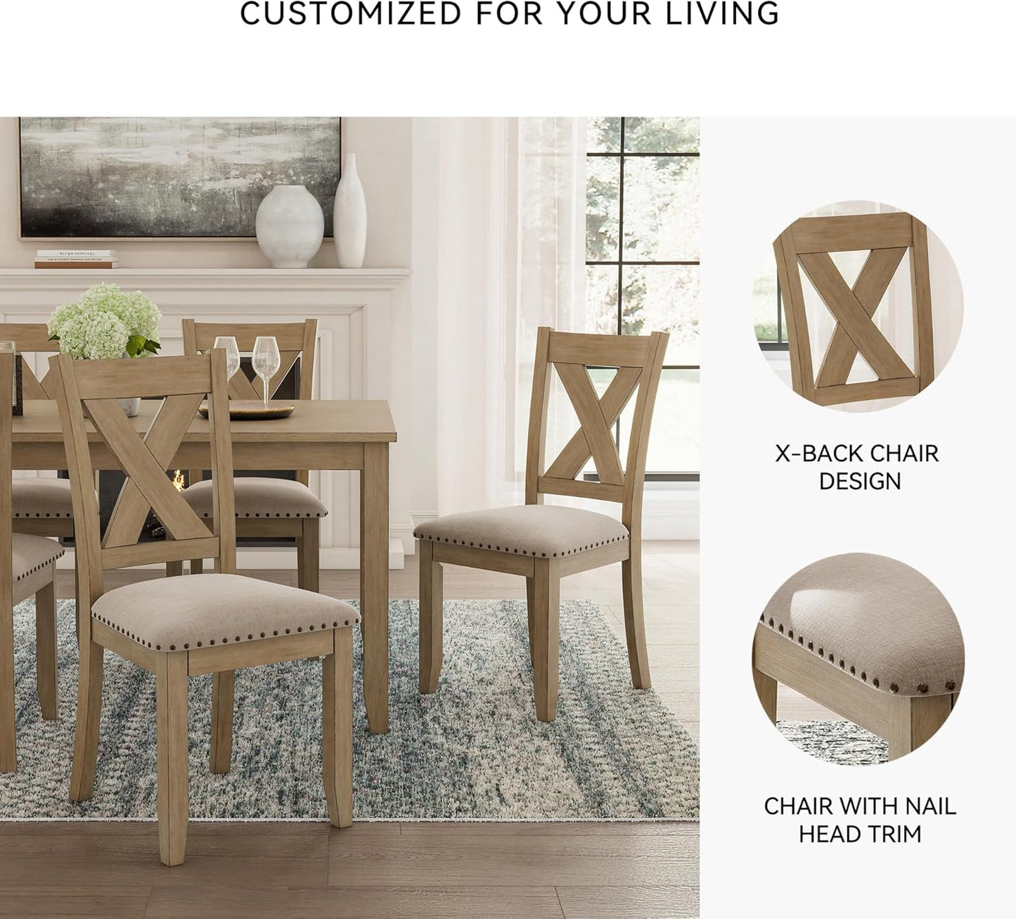 Signature Design by Ashley Sanbriar Casual Dining Table and Upholstered Chairs with Nailhead Trim, Set of 7, Light Brown & Beige