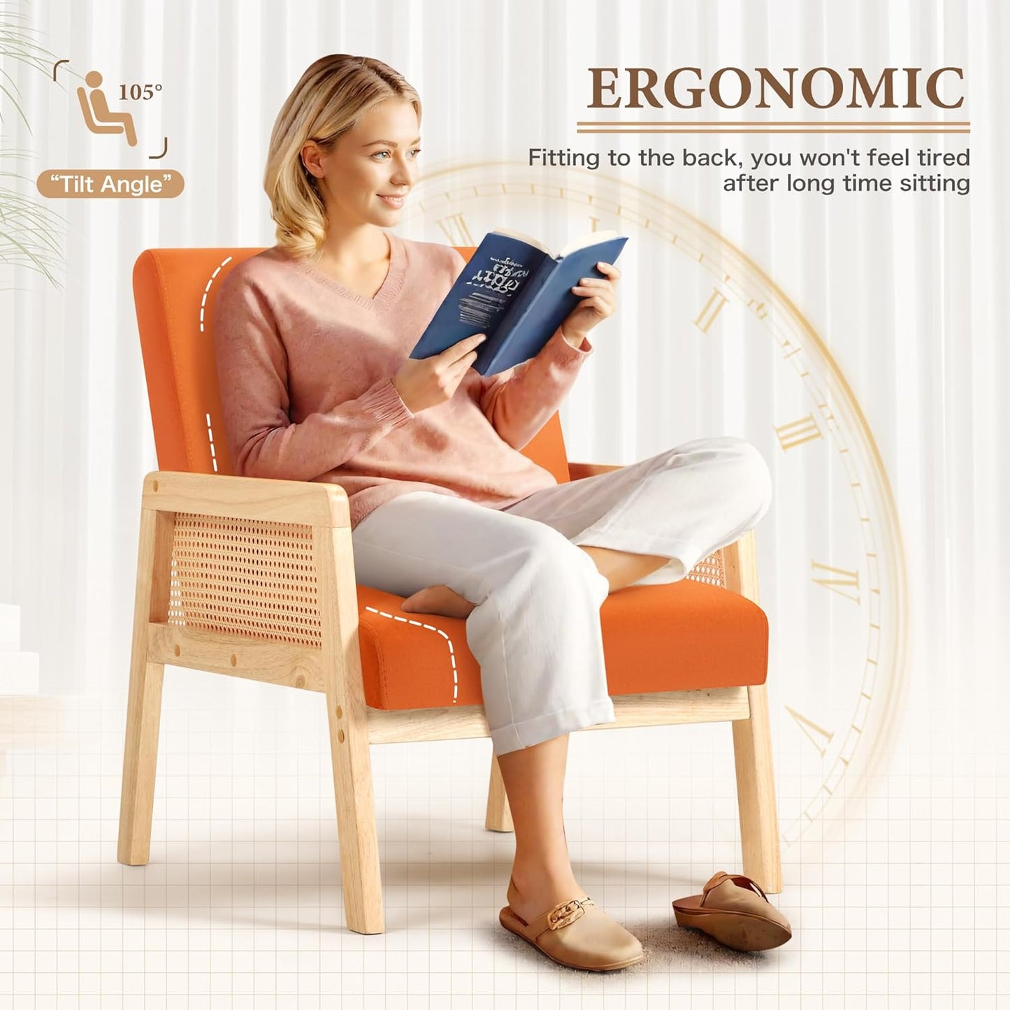 YESHOMY Mid-Century Accent Chair with Pillow Upholstered with Solid Frame & Breathable Armrest for Living Room, Light Orange