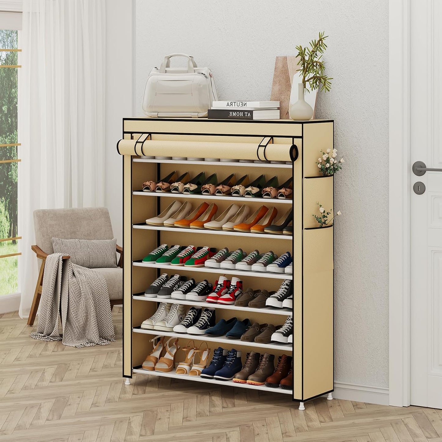 Calmootey 7 Tier Shoe Rack Organizer to Hold 35 Pairs, Portable Shoe Shelf with Nonwoven Fabric Cover for Closet Hallway, Bedroom, Entryway, Beige