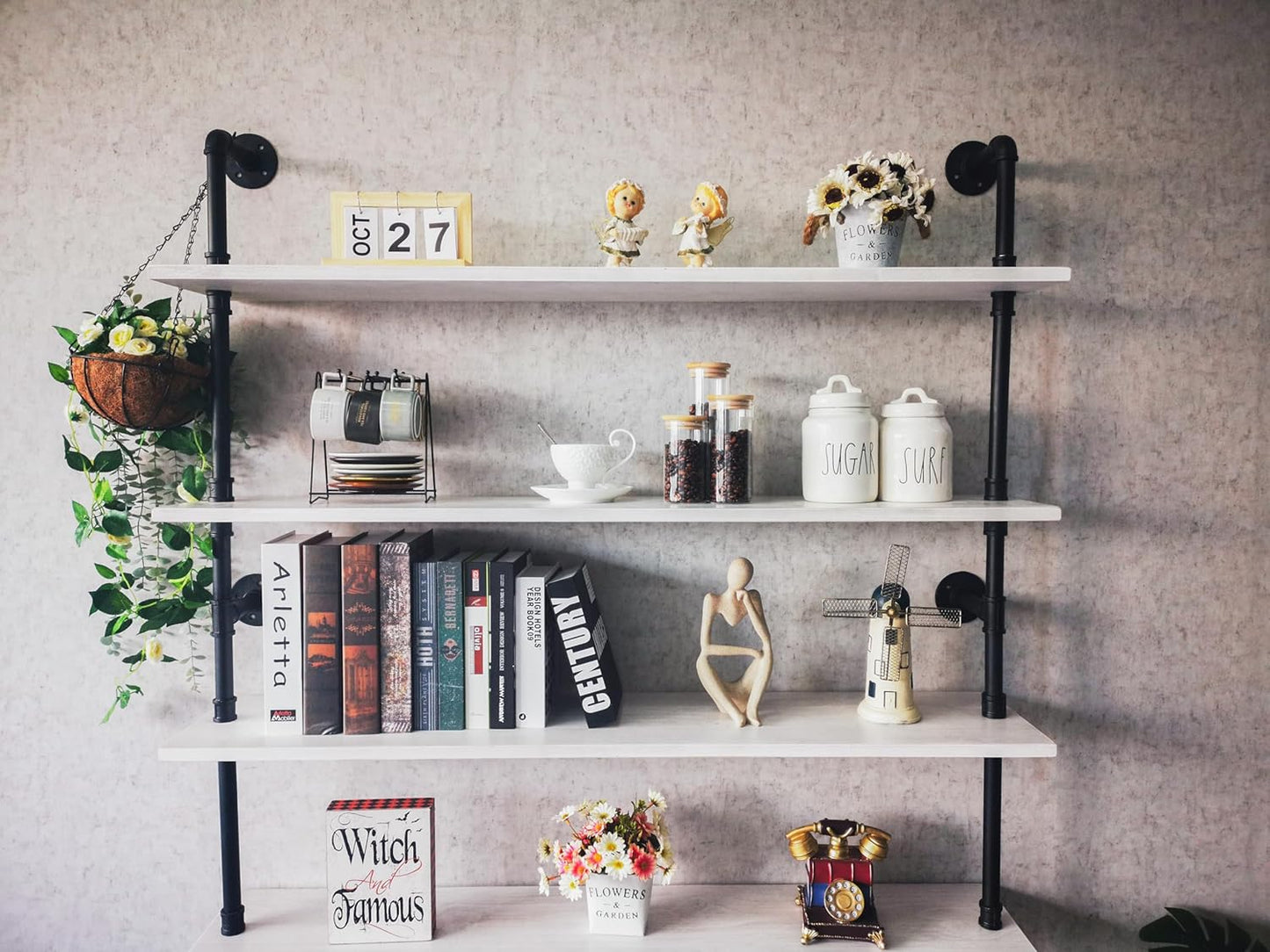 Pipe Industrial Ladder Shelves Bookcase, Wall Mounted Retro Wood Metal Pipe Rustic Bookshelf (White, 5 Tier - 10" D x 48" W x 70" H)