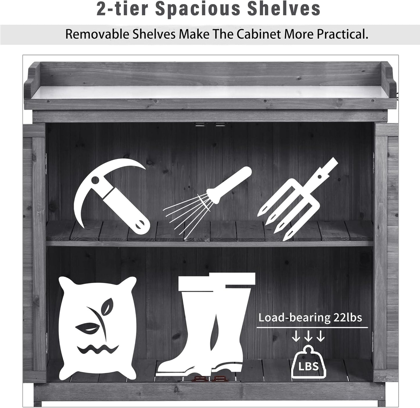 Merax Outdoor 39" Potting Bench Table, Rustic Garden Wood Workstation, Storage Cabinet with 2-Tier Shelves and Side Hook, Grey