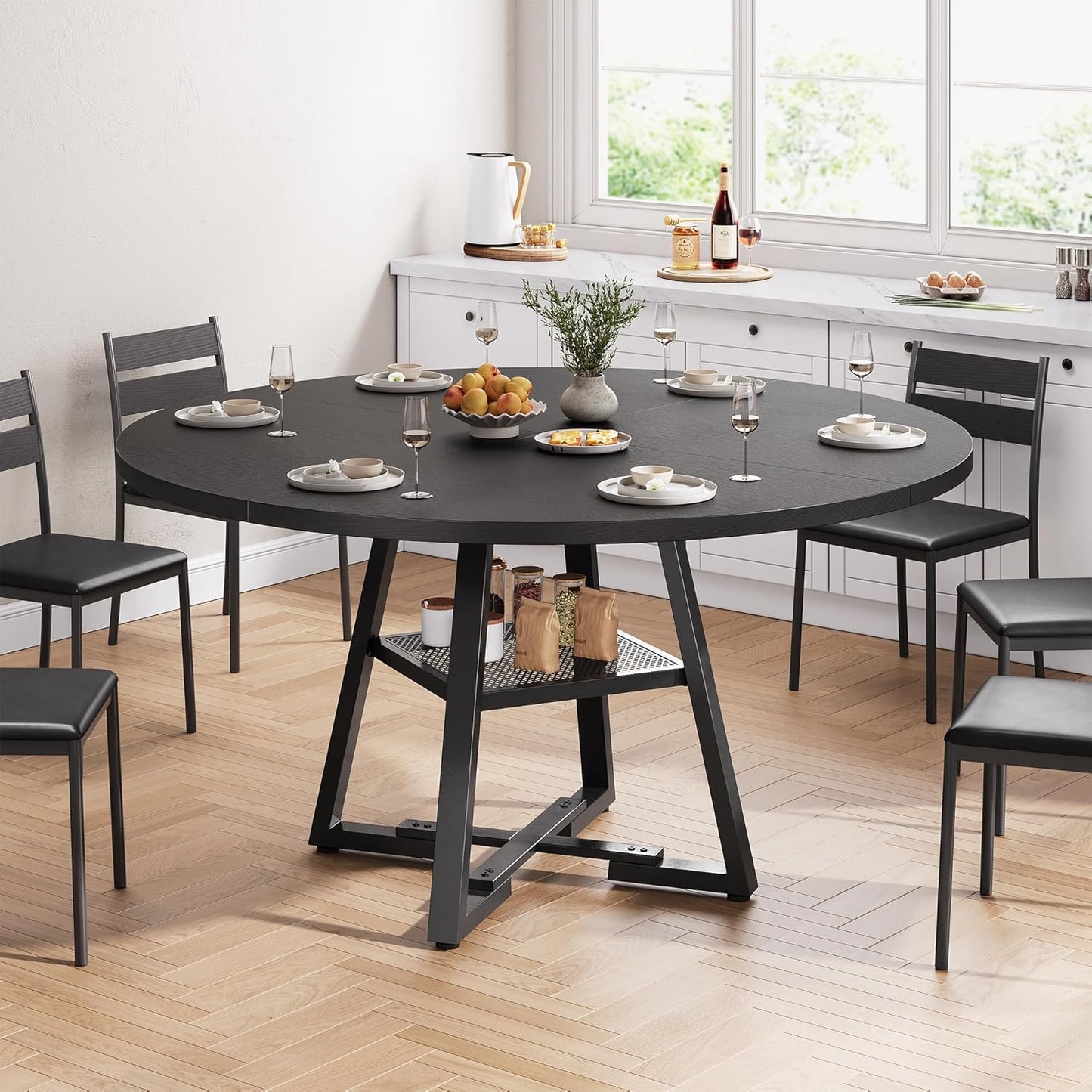 51'' Round Dining Table for 6,Kitchen Dining Room Circle Dinner Pedestal Table,Space Saving Wood Kitchen & Dining Room Furniture (Black, 51In)