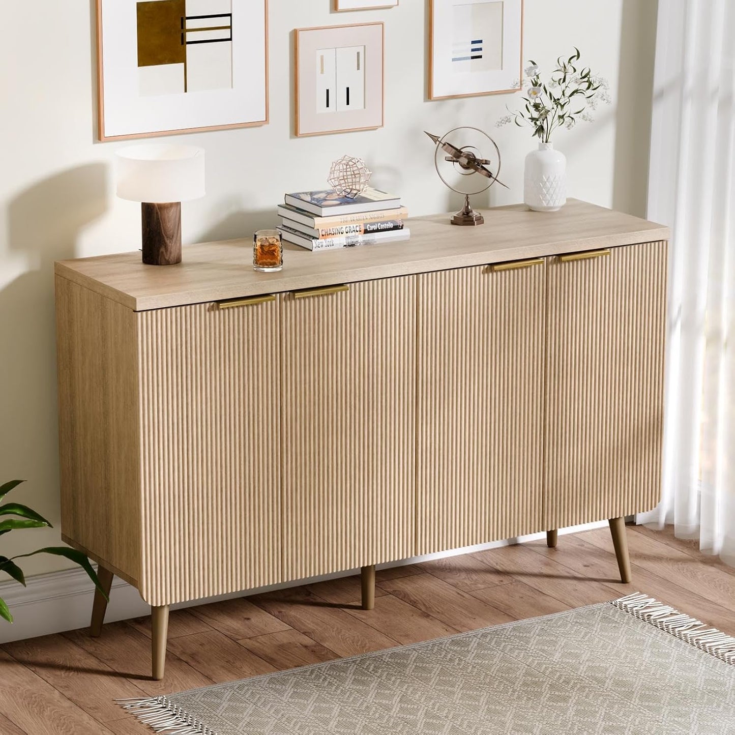 47.2" Buffet Cabinet with 4 Doors, Accent Sideboard Cabinet with Adjustable Shelf, Dining Room Sideboard with Waveform Panel, Credenzas for Living Room, Hallway, Natual Oak