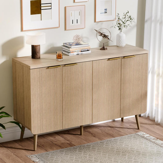 47.2" Buffet Cabinet with 4 Doors, Accent Sideboard Cabinet with Adjustable Shelf, Dining Room Sideboard with Waveform Panel, Credenzas for Living Room, Hallway, Natual Oak