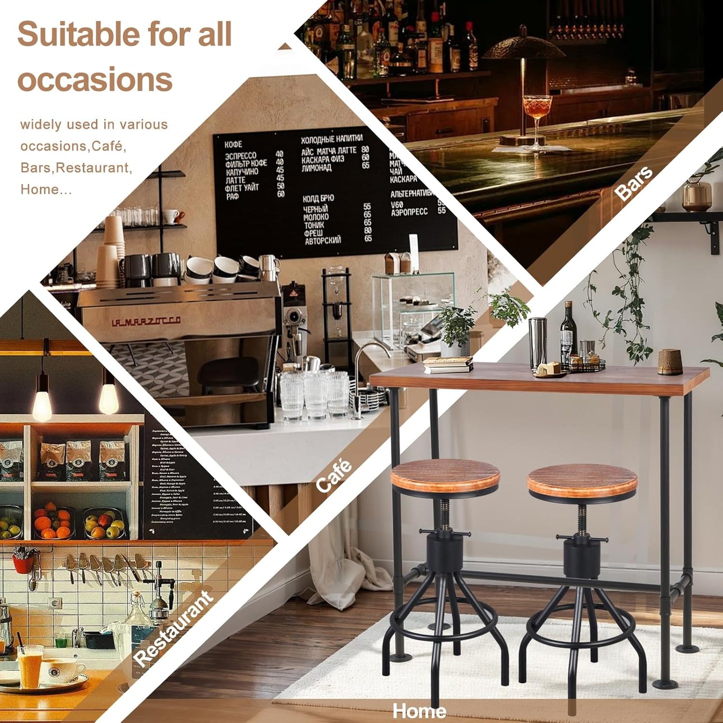 Industrial 41.3inch Height Bar Table Vintage Pipe Design Bistro Table Rustic Kitchen Dining Breakfast Desk Farmhouse Office Computer Desk Wooden Top Pub Coffee Table