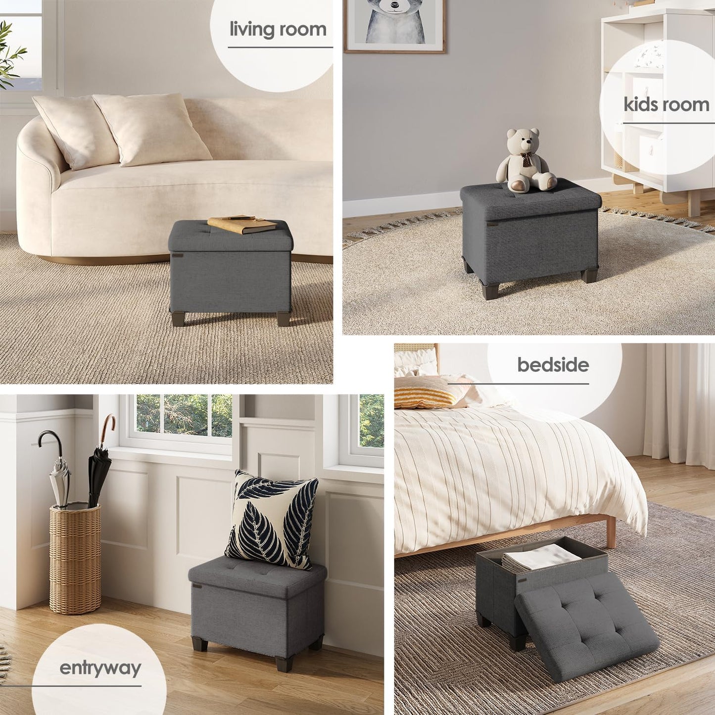 STORAGEBUD Storage Ottoman Cube with Small Bin, 16-in Square Ottoman with Storage for Living Room and Bedroom, Small Ottomans Foot Rest, Fabric Foot Stools Ottomans Max 330lbs, Grey