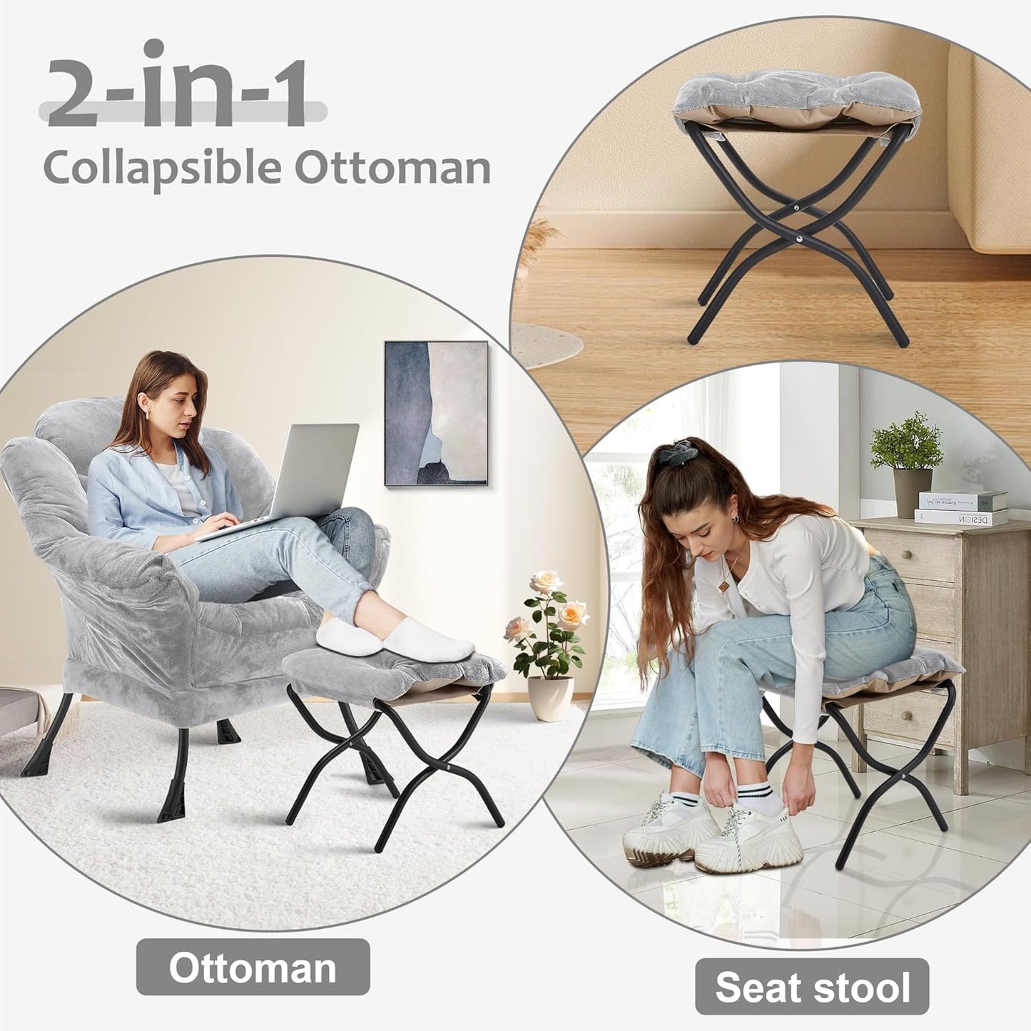 Fabric Lazy Chair with Ottoman, Oversized Upholstered Sofa Chair for Adults, Plush Comfy Lounge Chair with Large Side Storage Pocket, Reading Chair for Living Room, Bedroom, Dorm, Light Gray