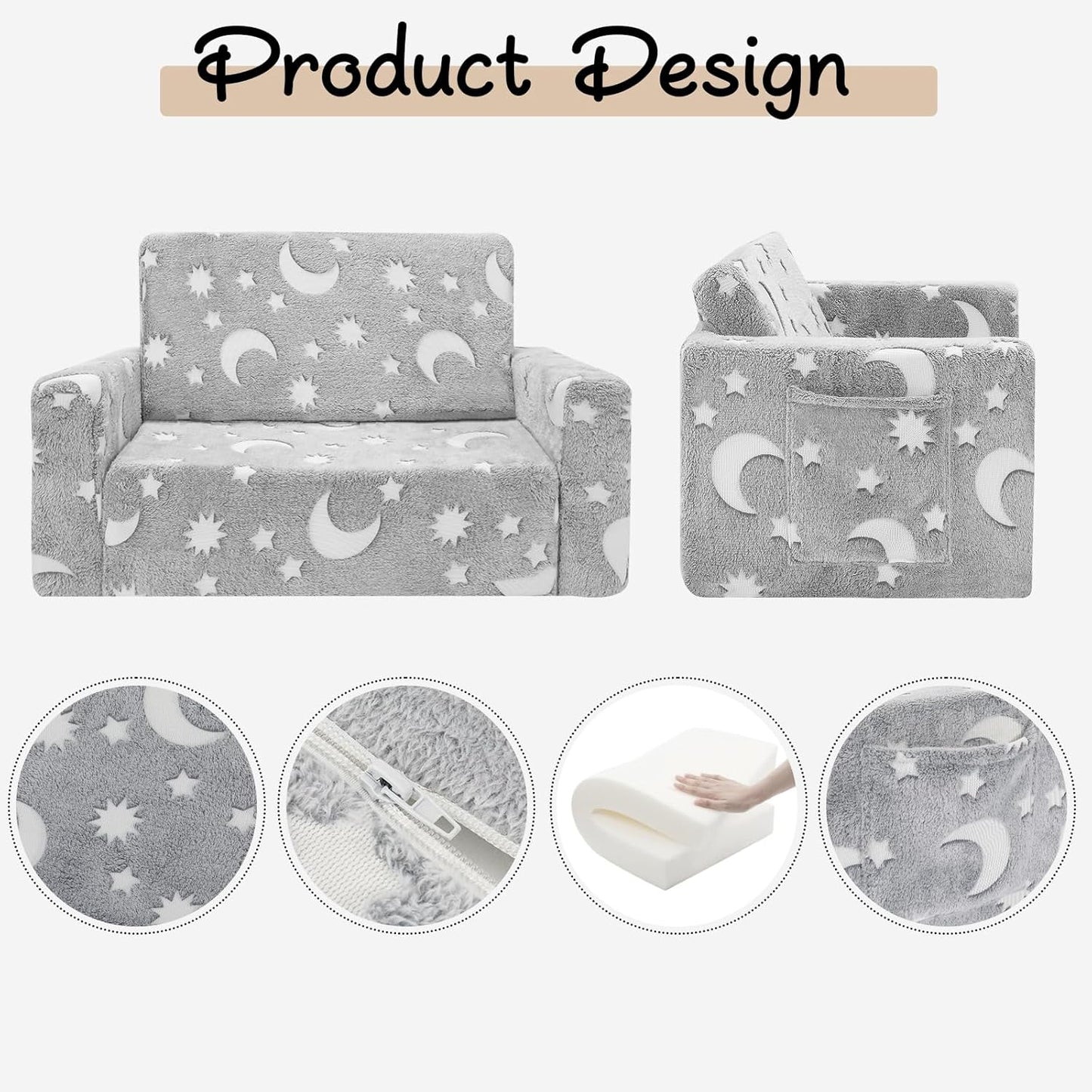 SLIGUY Kids Chair, Toddler Couch, Fold Out Sofa Chair, Toddlers Convertible Sofa to Lounger Pull Out Couch, Glow in The Dark Sofa Chair for Boys and Girls Large (Grey)