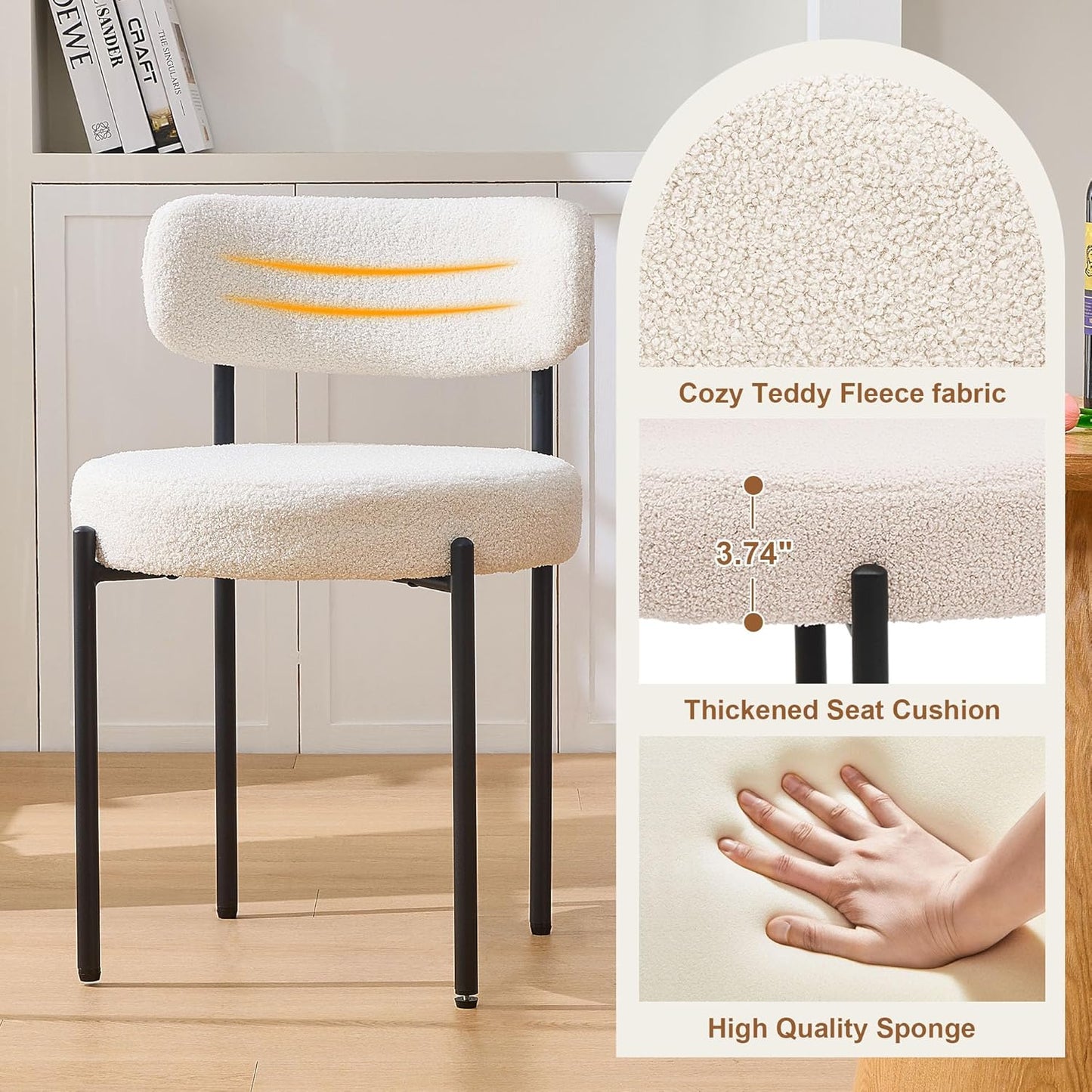 Dining Chairs Set of 6, White Boucle Dining Chair, Curved Backrest Upholstered Dining Room Chairs with Black Metal Legs, Mid Century Modern Dining Chairs for Kitchen, Living Room, White