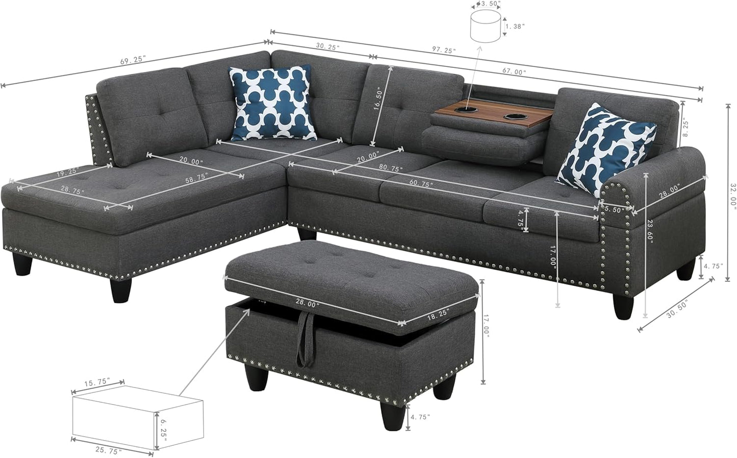 Ball & Cast 98" L Shaped Modular Sectional Couch for Living Room with Chaise & Storage Ottoman,4 Seat Linen Upholstered Sectional Sofa Set 3 PCS W/Cup Holders & Coffee Table,for Home,Office,Dark Gray