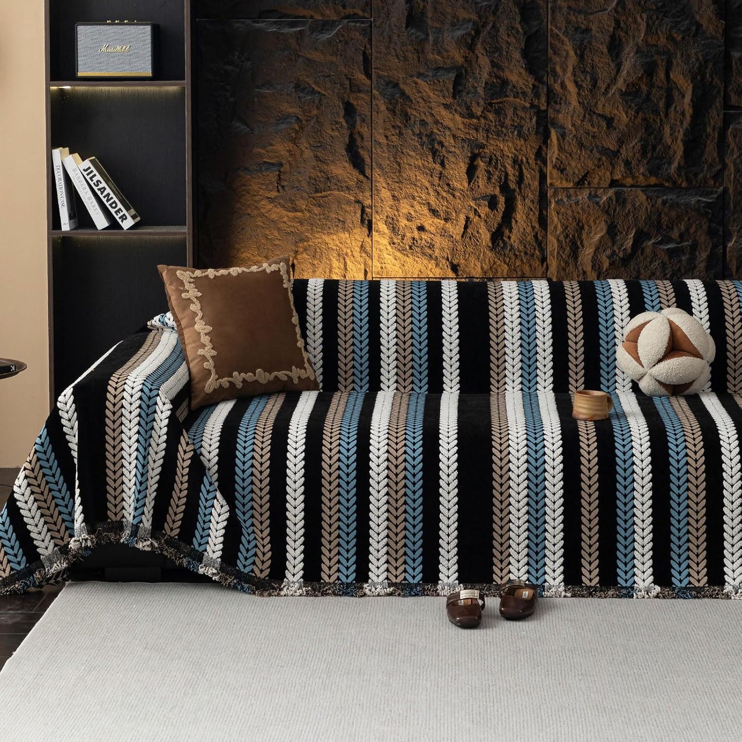 STACYPIK Boho Chenille Sofa Cover, Soft Jacquard Leaves Couch Cover, Non-Slip Loveseat Cover for Sectional Sofa, Washable Pet Protector for 3 Cushion Couch,Multi-use Vintage Throw Slipcover-71x134IN