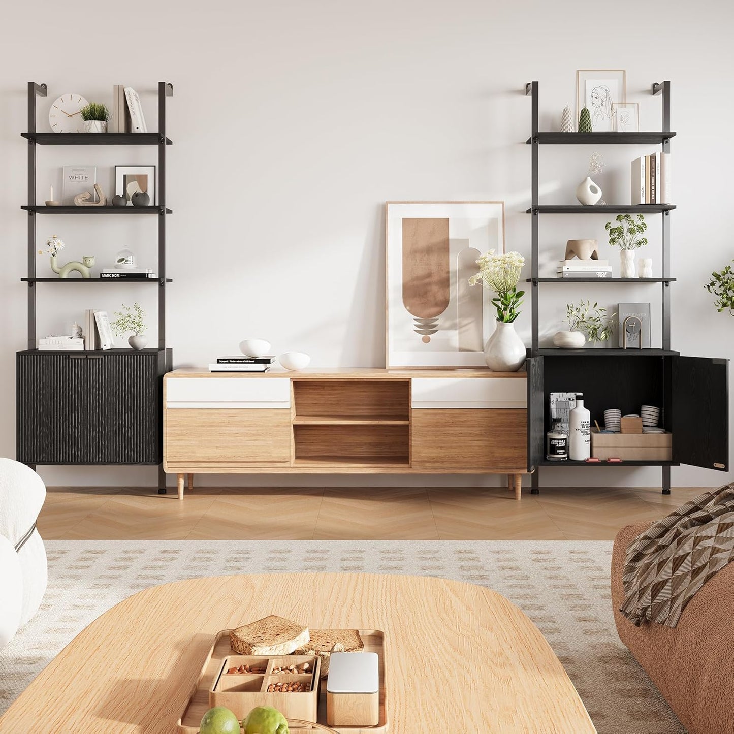 74" Tall Bookshelf with Storage Cabinet, Modern Ladder Shelf with Wood and Metal Frame, Wall Mount Bookcase Open Display Shelf Furniture for Living Room, Bedroom, Home Office，Black