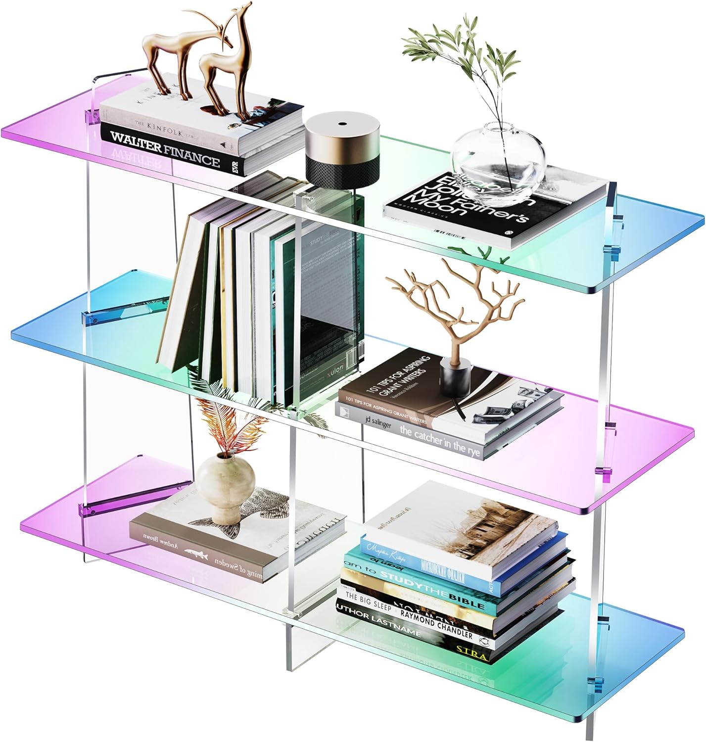 Acrylic Bookshelf, Small 3 Tier Open Bookcase for Small Spaces,Sofa Table, Hallway Entry Table for Home Living Room (Iridescent, 39.4" x 11.8" x 31.5)