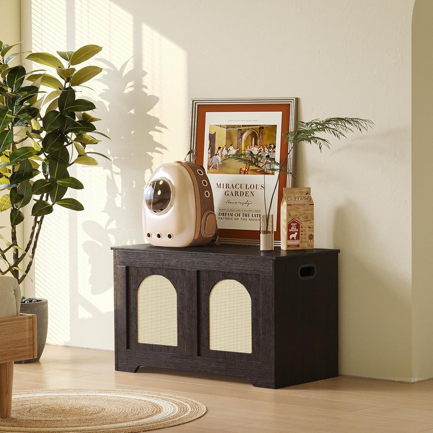 DINZI LVJ Storage Chest, 31.5" Rattan-Like Toy Box with 2 Safety Hinges, Wooden Entryway Storage Bench with Flip-Top, Storage Trunk for Living Room, Bedroom, Easy Assembly, Espresso and Natural