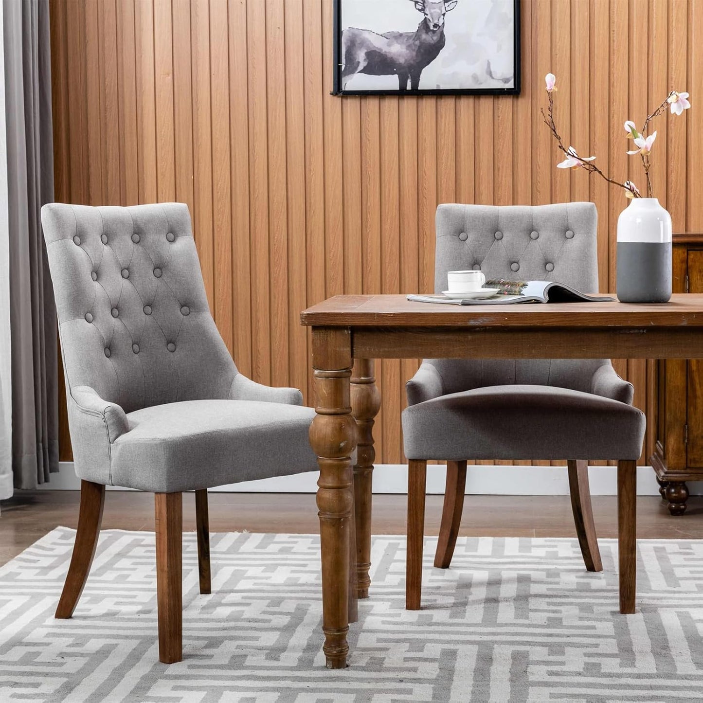 COLAMY Wingback Upholstered Dining Chairs Set of 4, Fabric Side Dining Room Chairs with Tufted Button, Living Room Chairs for Home Kitchen- Light Grey