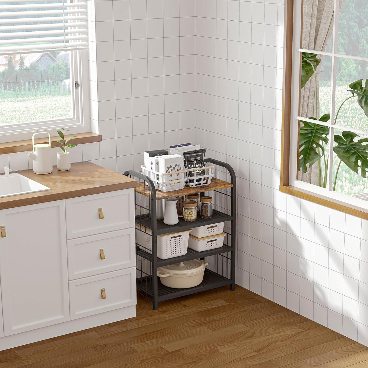 Shoe Rack, 4-Tier Shoe Organizer with Guardrails, Heavy-Duty Metal Mesh Shelves & Rustic Wooden Top for Stylish Closet & Front Door Storage