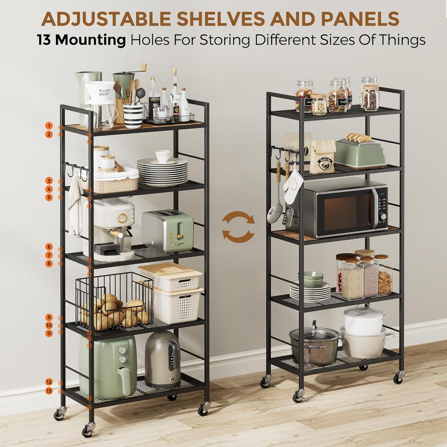 5-Tier Metal Storage Rack with Industrial Wheels,Mesh Shelving Unit with Wooden Table top,Adjustable Shelf,23.6-Inch Width,for Kitchen, Laundry,Pantry,Plant,Black