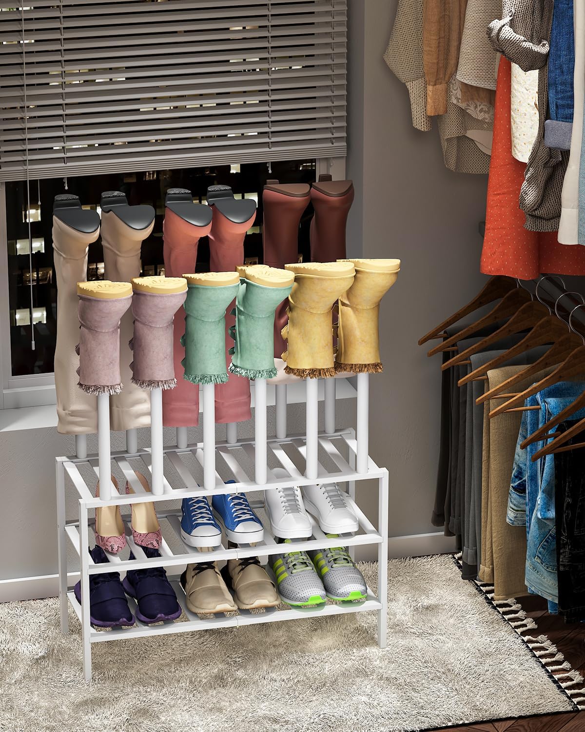 White Boot Rack, Boot Rack Organizer Tall Boots with Shoe Rack for Closet, Bamboo Wood Shoe Shelf Storage Organizer for Entryway