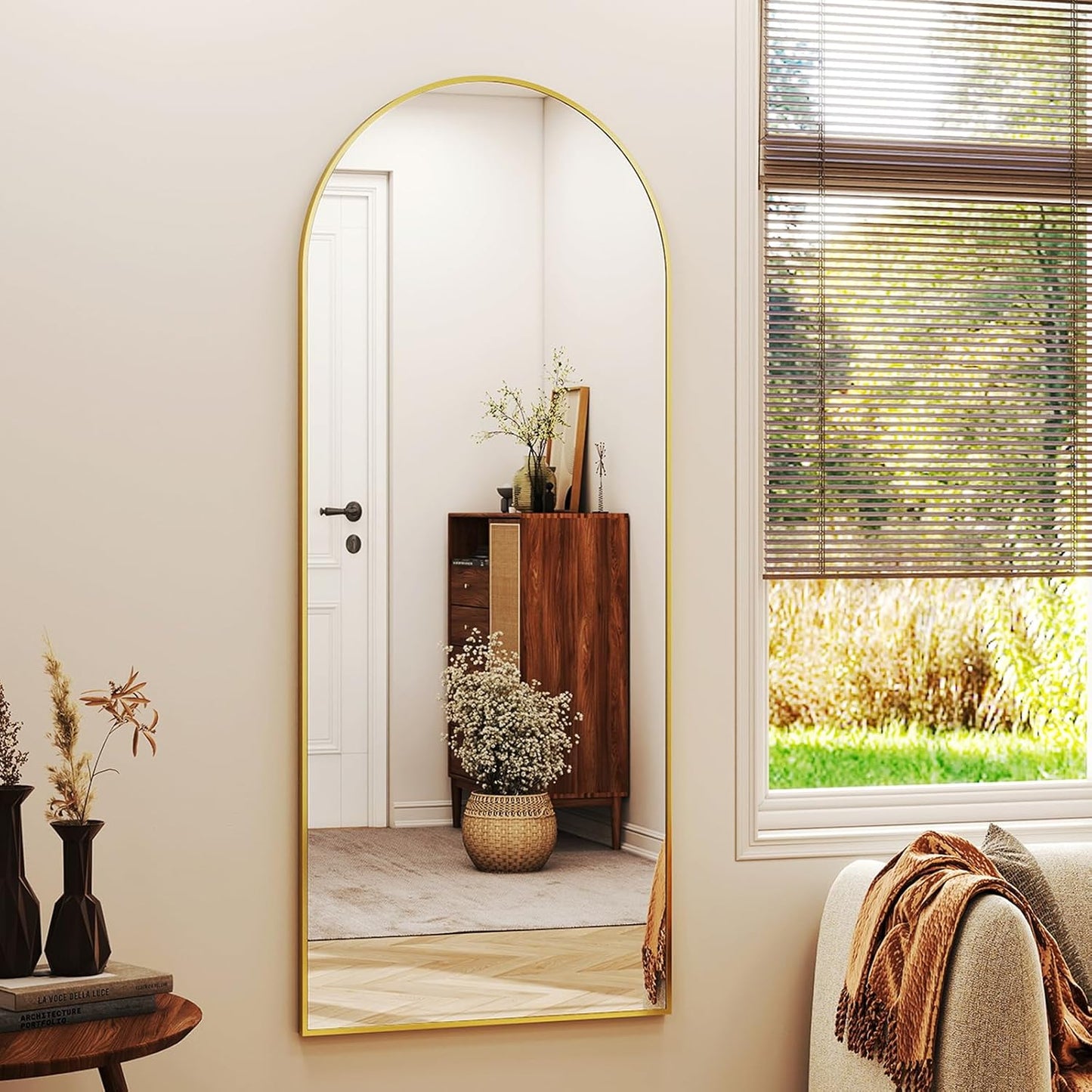 56" x21 Arched Full Length Mirror Floor Mirrors with Aluminum Alloy Frame Free-Standing Wall Mounted Floor Mirrors or Large Dressing Mirror, Gold Mirror Full Length