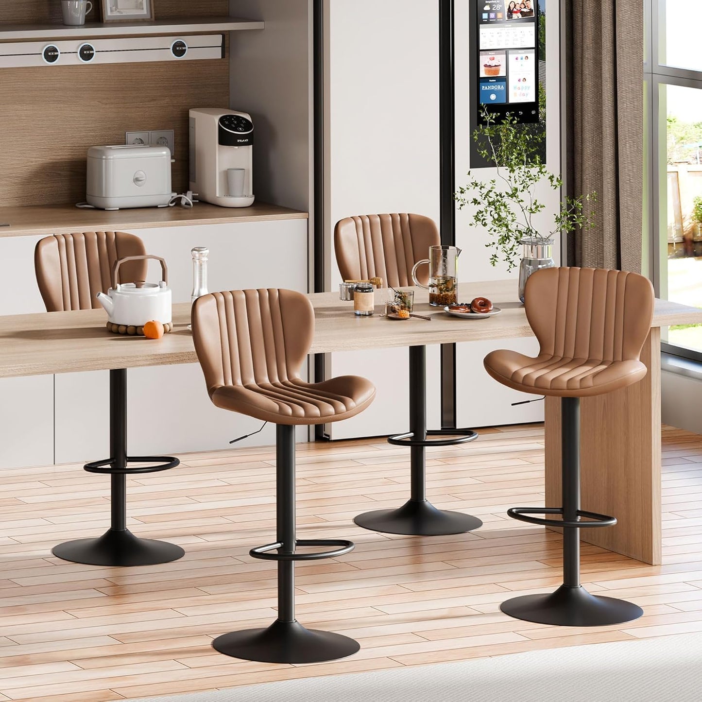 Shintenchi Bar Stools Set of 4 Modern Swivel Bar Chairs, Counter Height Faux Leather Metal Barstools, Upholstered Island Chairs with Back and Footrest, Coffee