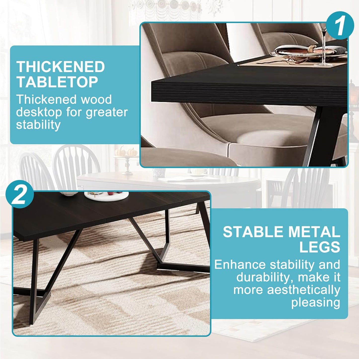 71" Dining Table for 6-8, Farmhouse Dinner Table with Wooden Tabletop and Metal Frame Base, Rectangular Kitchen Tables for Dining Room, Kitchen, Living Room, Black