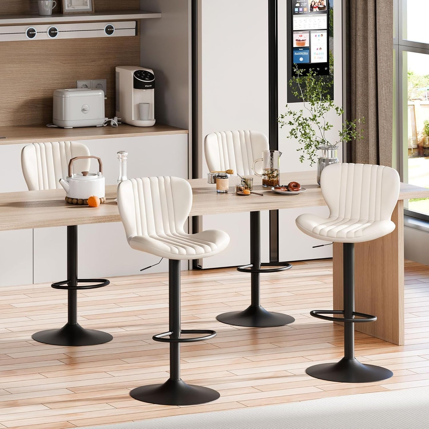 Shintenchi Bar Stools Set of 4 Modern Swivel Bar Chairs, Counter Height Faux Leather Metal Barstools, Upholstered Island Chairs with Back and Footrest, Beige
