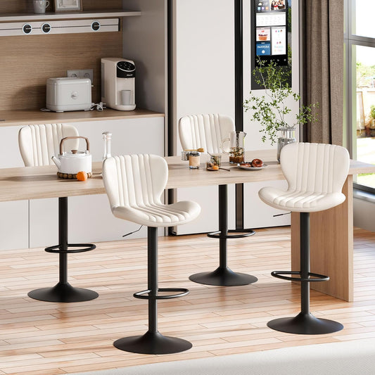Shintenchi Bar Stools Set of 4 Modern Swivel Bar Chairs, Counter Height Faux Leather Metal Barstools, Upholstered Island Chairs with Back and Footrest, Beige
