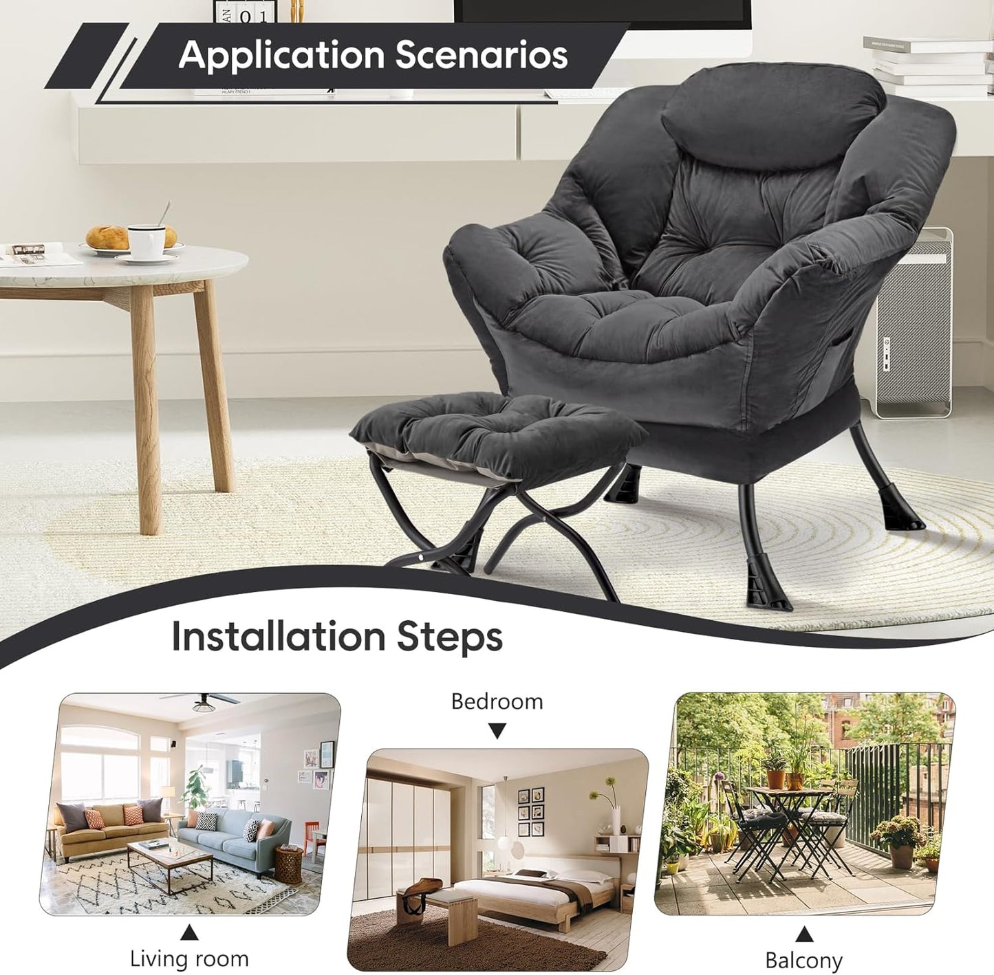 Lazy Chair with Folding Ottoman Modern Large Accent Chair,Contemporary Lounge Leisure Sofa Chair with Armrests Upholstered Sofa Armchair Reading Chair for Bedroom,Dorm & Office (Dark Grey-f)