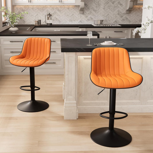 YOUNIKE Orange Bar Stools Set of 2 Kitchen Counter Height Barstools with Backs Swivel High Faux Leather Paddedt Bar Chairs Modern Adjustable Tall Stools for Breakfas Island