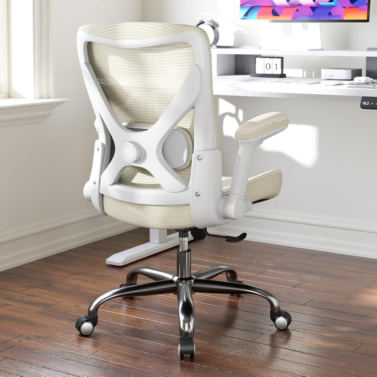 Home Office Ergonomic Chair-Computer PU Leather X-Shaped Desk Chair-Gaming Chair with Adjustable Flip-up Armrests Lumbar Support Mesh Executive Chair for Long Hours Office (Beige)