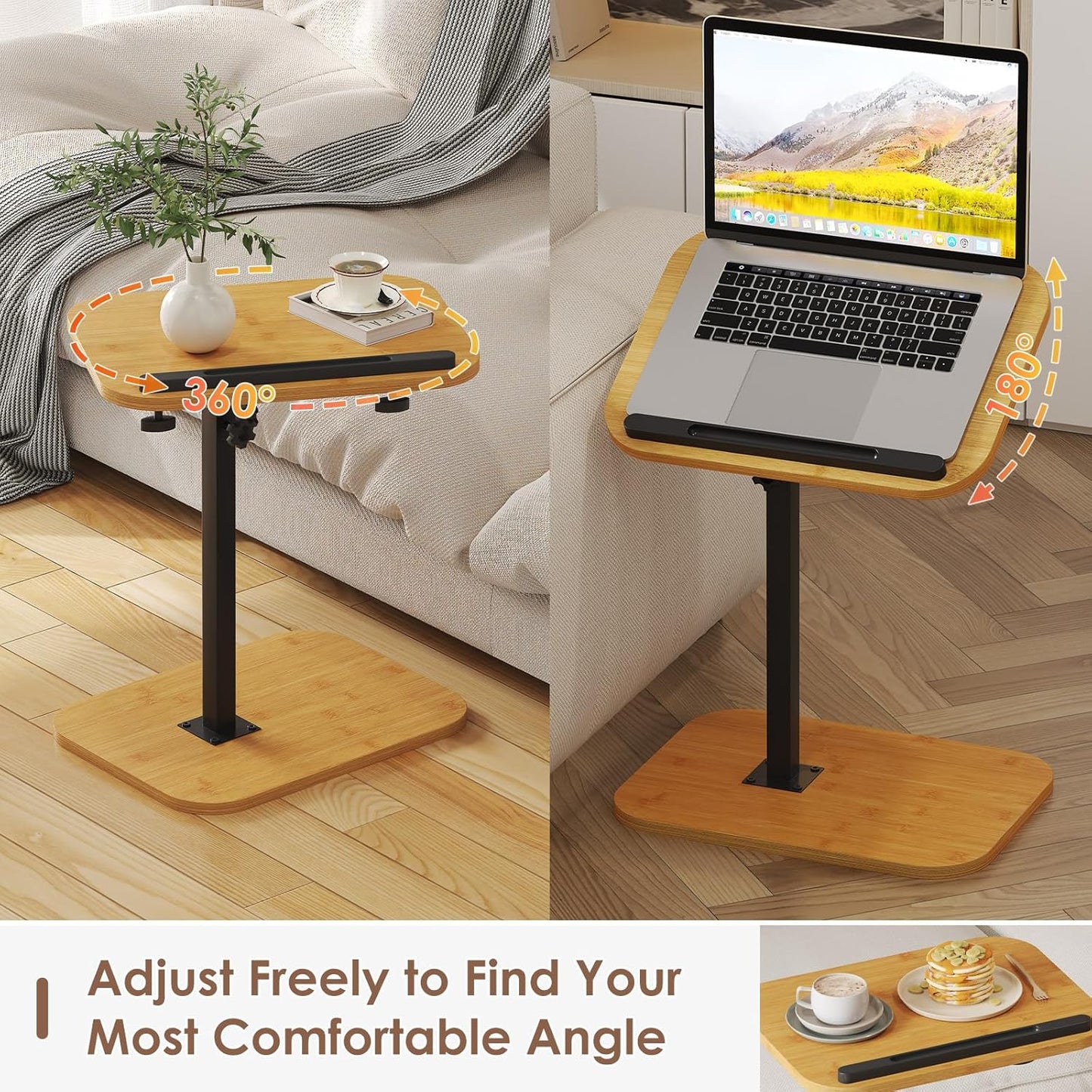 Sofa Couch Arm Table Tv Tray Small Bed Stand C Shaped Side End Tables for Living Room, Bedroom, Natural