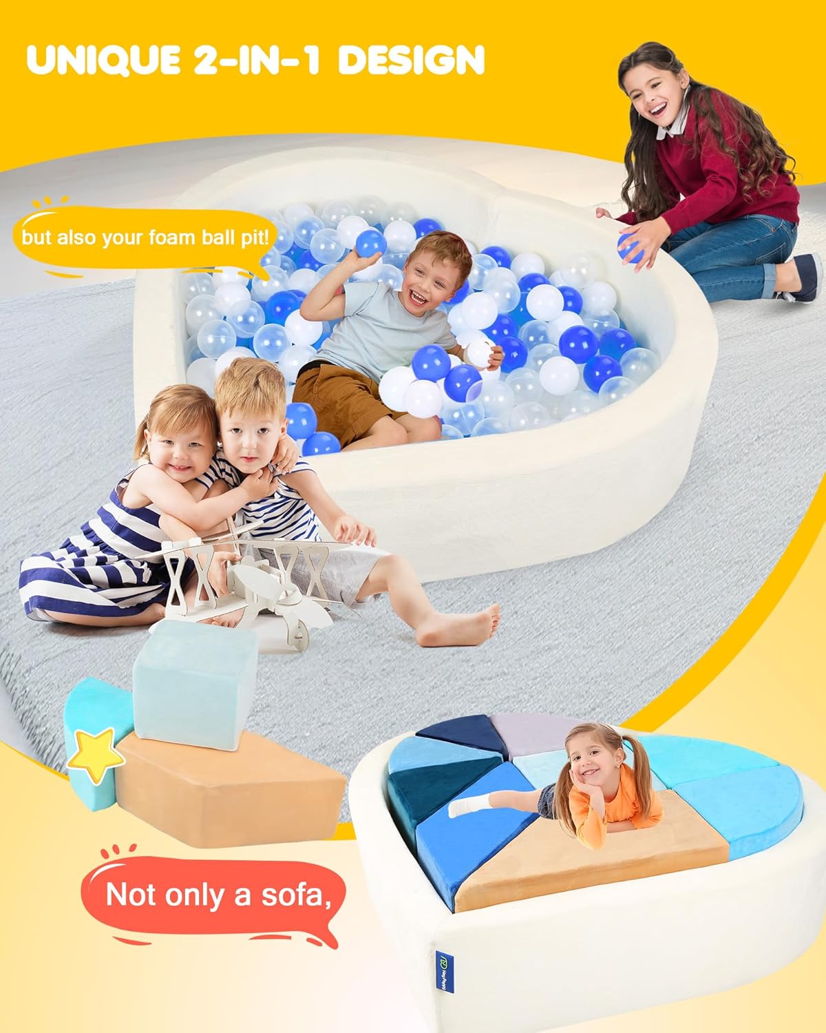 Kids Play Couch, 2-in-1 Heart-Shape Kids Plays Sofa with Unique Ball Pit(no Balls Included), Tangram Puzzle Play Couch for Playroom, Modular Play Sofa for Inspiring Creativity, Ocean