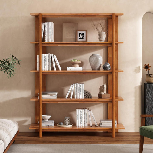 Merax 4 Shelf Bookcase H-70 L-53 Acacia Wood Open Bookshelf, Contemporary Farmhouse Style Display Storage Shelf for Home Office Studio, Teak Finish