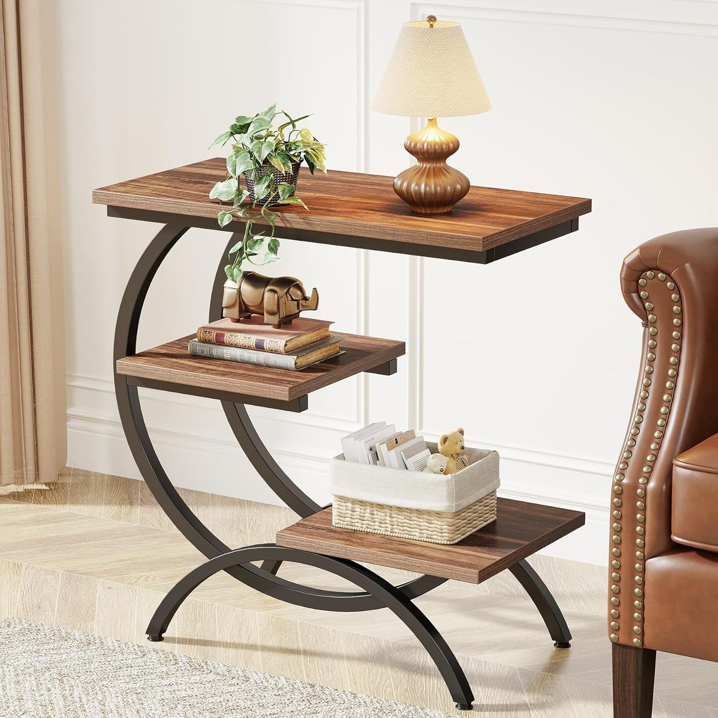 Tribesigns C-Shaped End Table Set of 2, Industrial 3-Tier Small Side Table for Couch, Wood Bedside Table Snack Side Table with Storage Shelves for Living Room Small Space, Rustic Brown