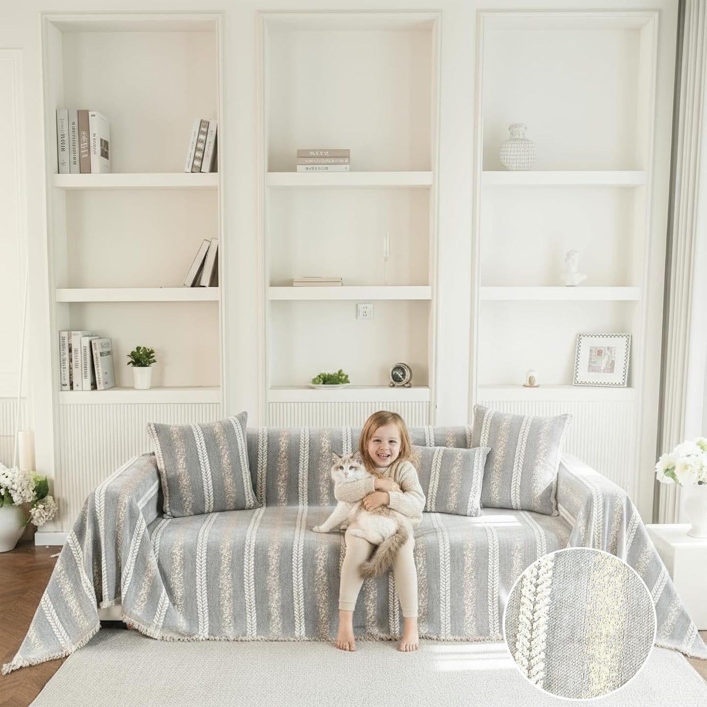 Couch Cover for Dogs Washable Sofa Cover, Sectional Couch Covers, Sofa Covers for 2 Cushion Couch, Non Slip Stripe Sofa Slipcovers Furniture Protector, Couch Protector from Cat Claws, Light,71''x118''