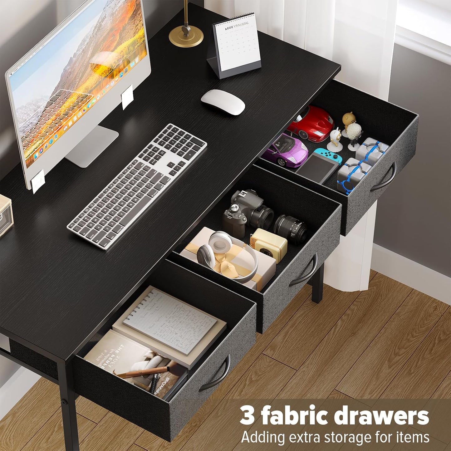 WOHOMO Computer Desk with Drawers, 39.3 Inch Bedroom Desk with Storage, Home Office Desk for Room Spaces, Modern Work Writing Study Tables, Black