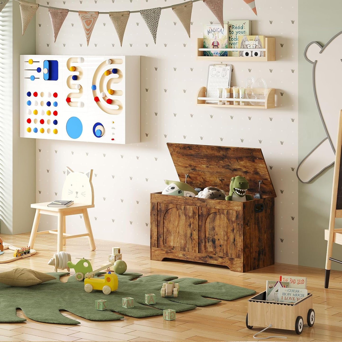 DINZI LVJ Storage Chest, 31.5”Wooden Storage Box with 2 Safety Hinges, Entryway Shoe Bench with Flip-Top, Sturdy Trunk for Living Room, Bedroom, Easy Assembly, Rustic Brown