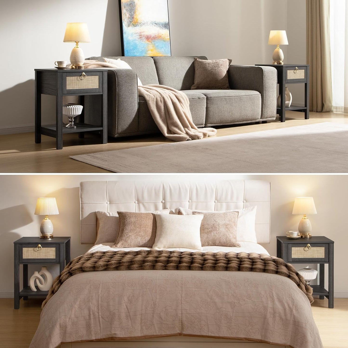 SICOTAS Rattan Nightstand, Rattan Decor Drawer with Brass Knobs Night Stand Bedside Table Boho End Tables Side Tables with Storage Shelf for Bedroom,Small Space